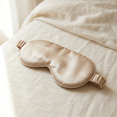Nocturne champagne silk eye mask on cream linen