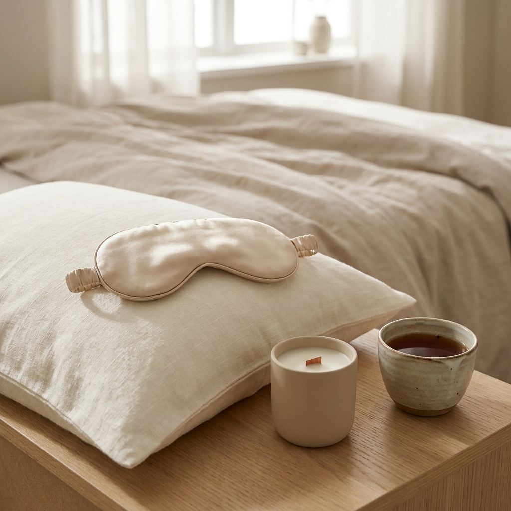 Nocturne silk eye mask with morning tea and candle