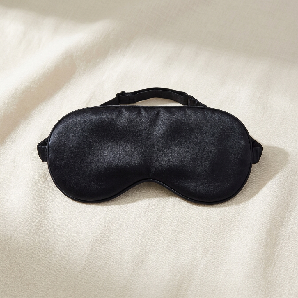 Nocturne midnight black silk eye sleep mask on cream linen