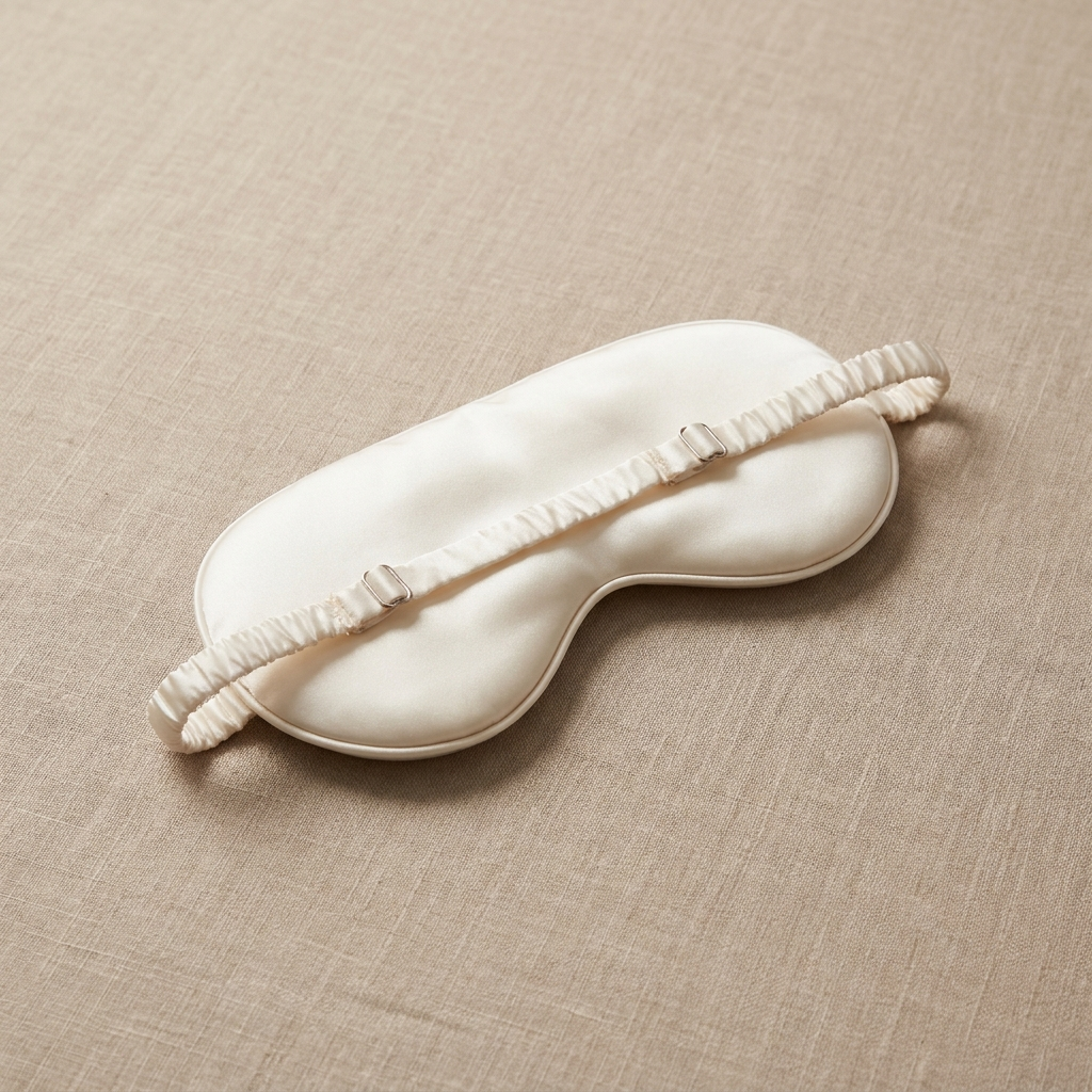 Pearl ivory silk eye mask three-quarter angle with strap detail